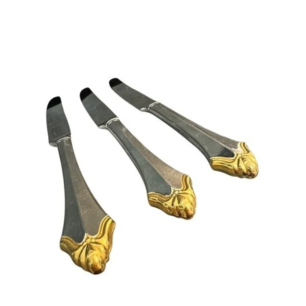 Vintage  Oneida‎ Kenwood Two Tone Silver and Gold Accent Dinner Knives Set of 3